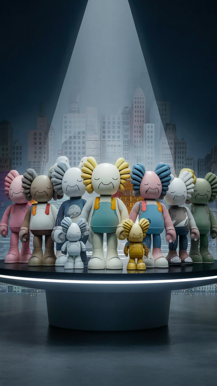 A collection of KAWS figures in various colors and sizes displayed on a circular platform, set against a backdrop of a cityscape.