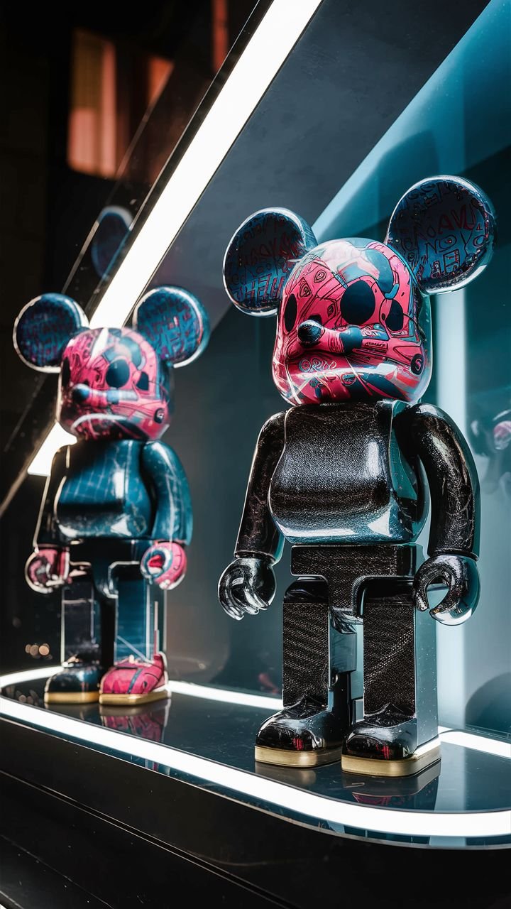 Two Bearbrick figures in a display case, one with a black and red design and the other with a black and blue design, illuminated by a spotlight.