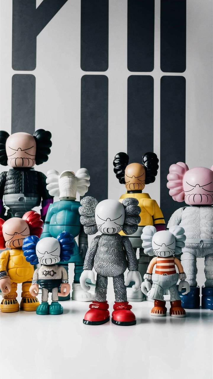 A group of KAWS figures in different colors and outfits, arranged in a neat formation in front of a wall with a modern black and white design.