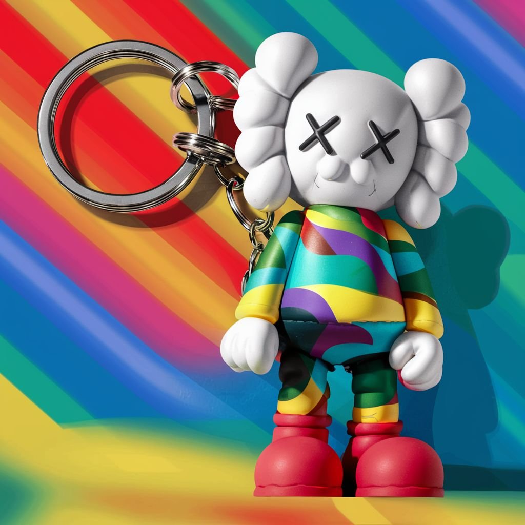 KAWS keychain featuring a colorful figure with X’s for eyes, standing against a rainbow-striped background.