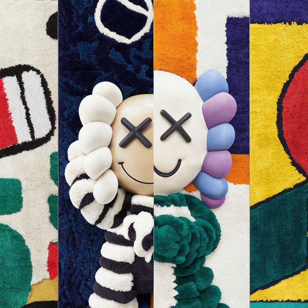 KAWS figure with X’s for eyes, featured in a collage of colorful, artistic rug designs