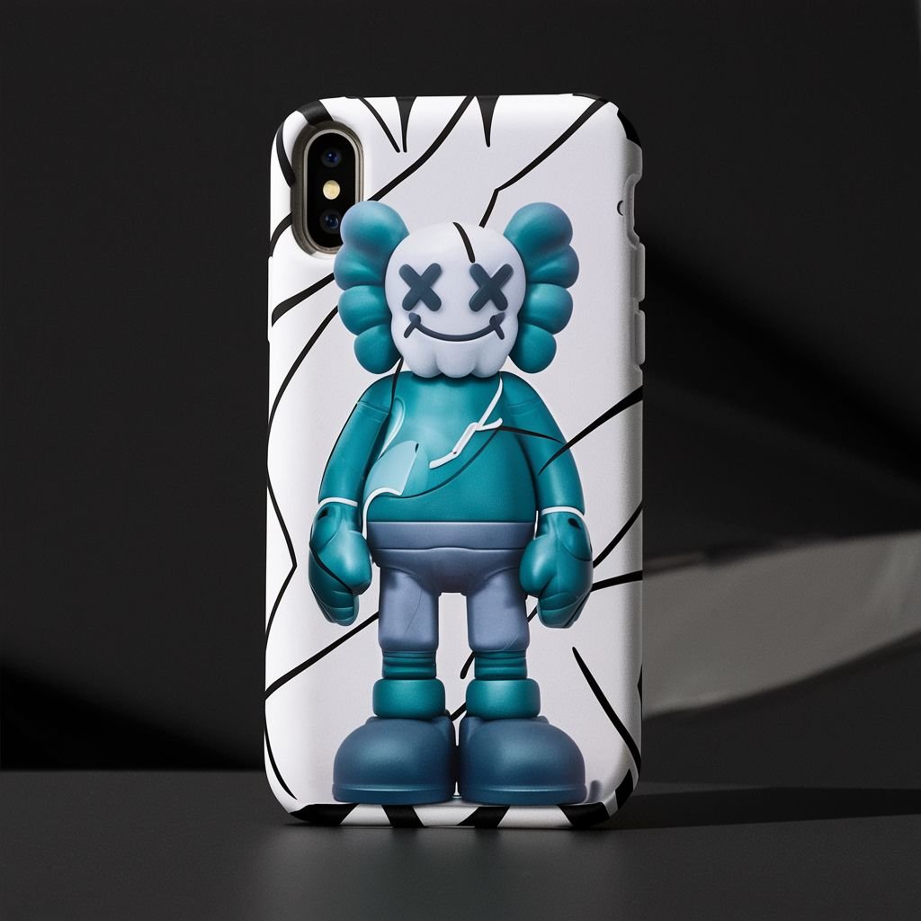 iPhone case featuring a blue KAWS figure with X’s for eyes, set against a white background with black abstract lines.