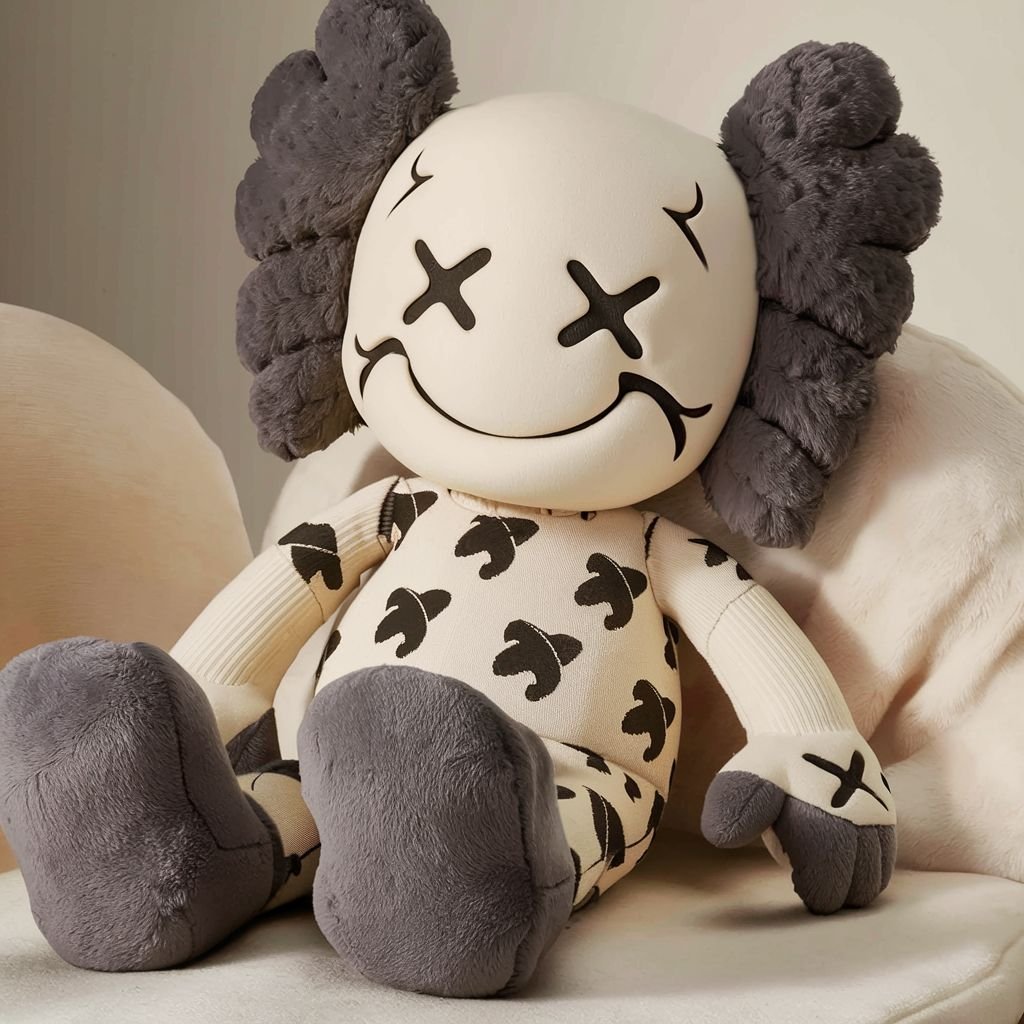  KAWS figure with X’s for eyes, wearing a patterned outfit and sitting comfortably against a soft, neutral-colored background.